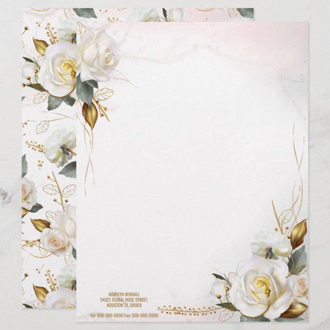 Romantic White Rose Gold Floral Wedding Letterhead (Front/Back)
