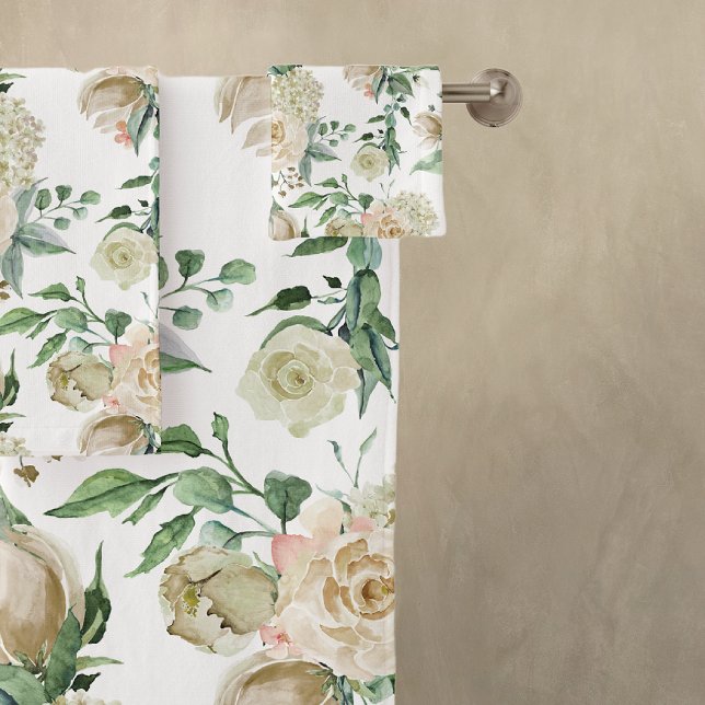 Romantic White Rose & Hydrangea Flowers Bath Towel Set (Creator Uploaded)