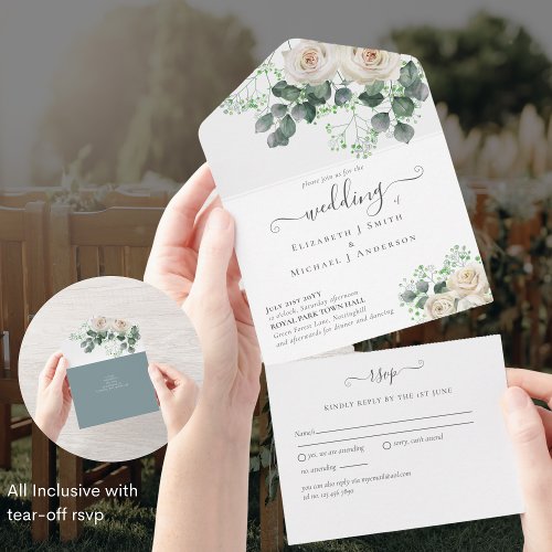 Romantic White Roses All Inclusive Wedding RSVP    All In One Invitation