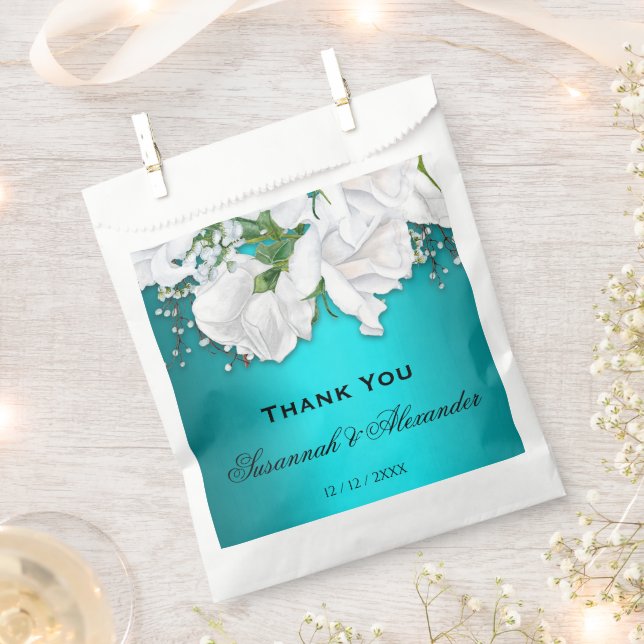Romantic White Roses and Aqua Wedding Favor Bag (Clipped)