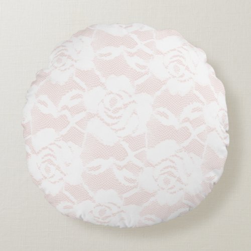 Romantic White Roses Blush Pink  Round Pillow
