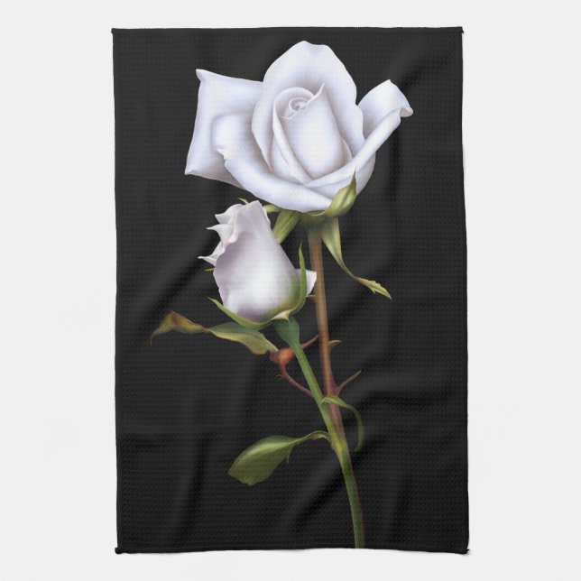 Romantic White Roses Elegant Floral Glam Black Kitchen Towel (Vertical)