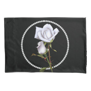 Romantic White Roses Elegant Floral Glam Black Pillow Case