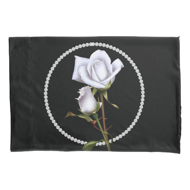 Romantic White Roses Elegant Floral Glam Black Pillow Case (Front)
