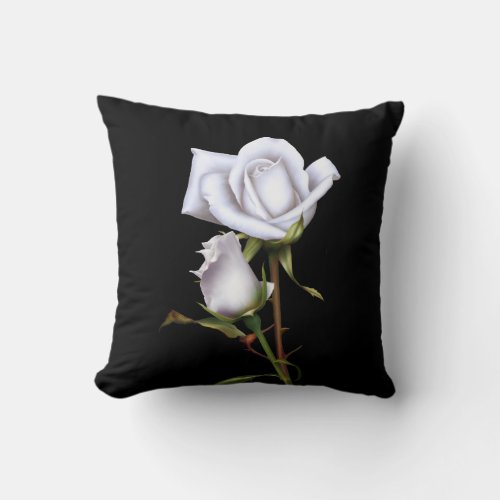 Romantic White Roses Elegant Floral Glam Black Throw Pillow