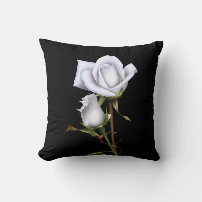 Romantic White Roses Elegant Floral Glam Black Throw Pillow (Front)