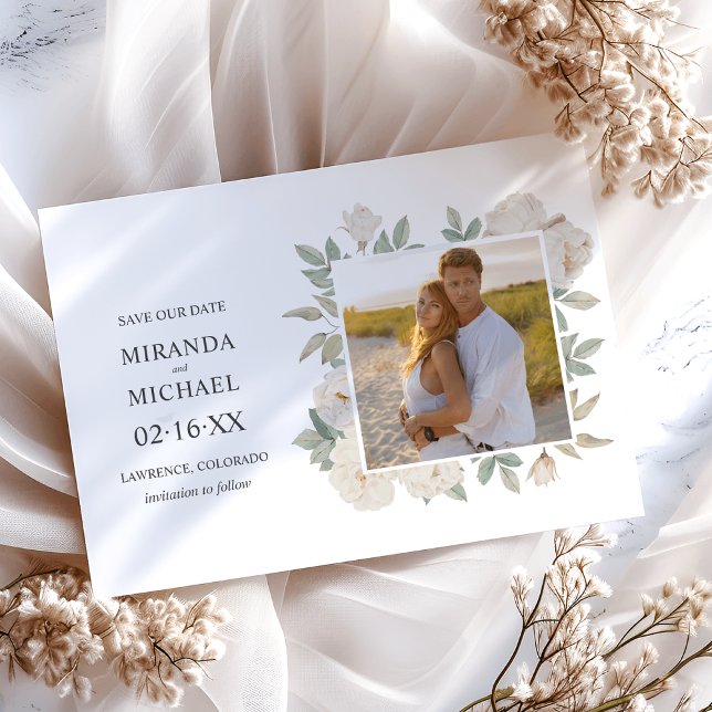 Romantic White Roses Elegant WEDDING PHOTO Save The Date (Creator Uploaded)