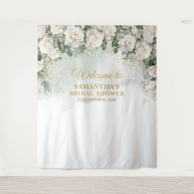 Romantic white roses Eucalyptus Bridal shower Tapestry (Front)