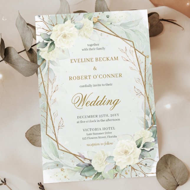 Romantic white roses Eucalyptus Greenery and Gold Invitation (Whimsical boho white roses and eucalyptus greenery wedding invitation digital)