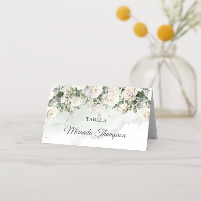 Romantic white roses Eucalyptus Greenery and Gold Place Card (Front)