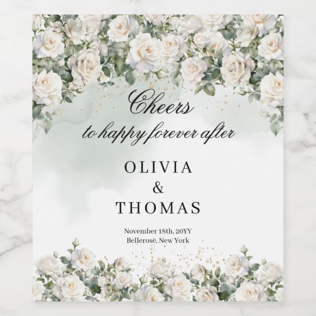 Romantic white roses Eucalyptus Greenery and Gold  Wine Label (Single Label)