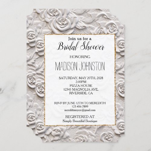 Romantic White Roses Faux Leather Bridal Shower Invitation