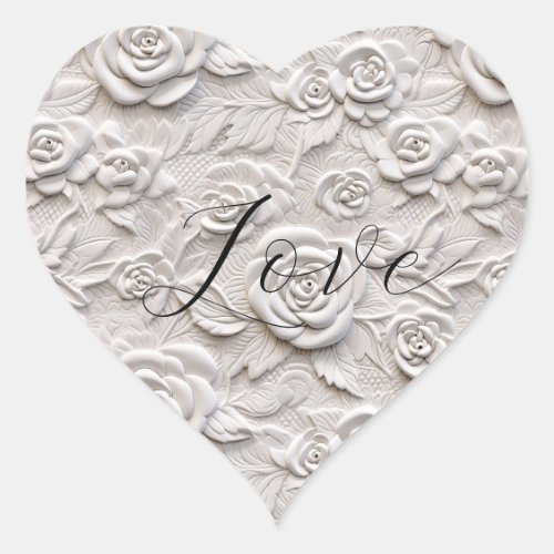 Romantic White Roses Faux Leather Wedding Heart Sticker