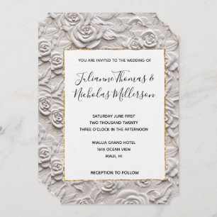 Romantic White Roses Faux Leather Wedding Invitation