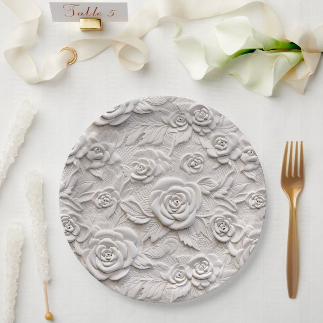 Romantic White Roses Faux Leather Wedding Paper Plates (Wedding)