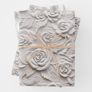 Romantic White Roses Faux Leather Wedding Wrapping Paper Sheets