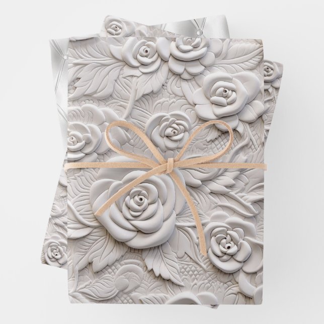 Romantic White Roses Faux Leather Wedding Wrapping Paper Sheets (In situ)