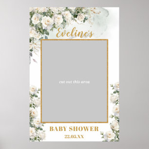 Romantic white roses gold baby shower photo prop poster