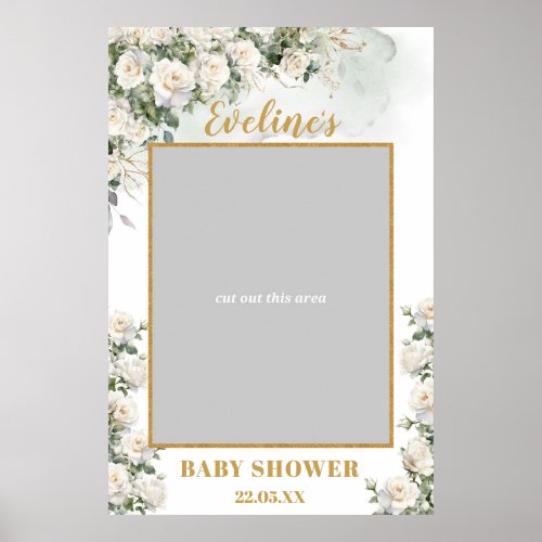 Romantic white roses gold baby shower photo prop poster