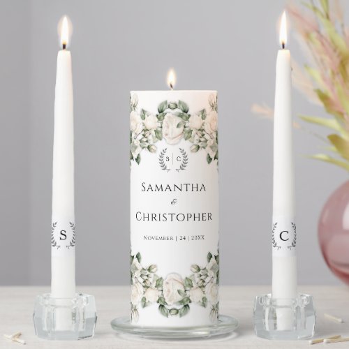 Romantic White Roses Monogrammed Wedding Unity Candle Set