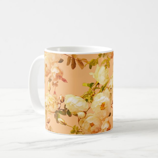 Romantic white roses on orange background coffee mug (Front Left)