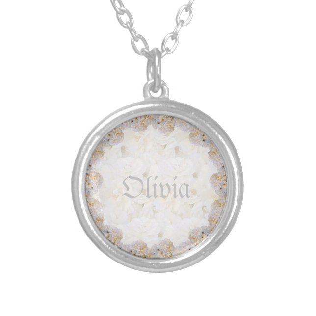 Romantic white roses personalized  silver plated necklace (Front)