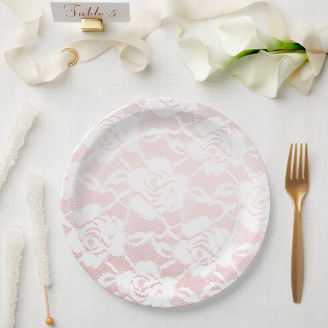 Romantic White Roses Pink Ombre Wedding Paper Plates (Wedding)