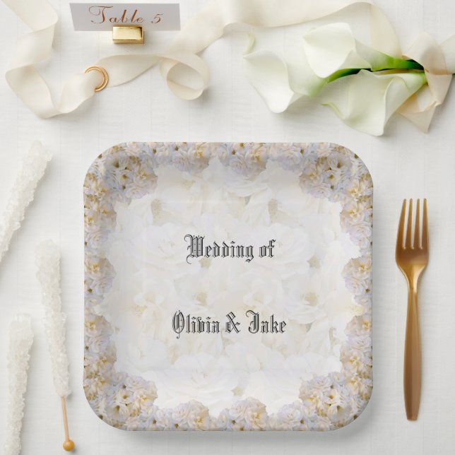 Romantic white roses  square  paper plates (Wedding)