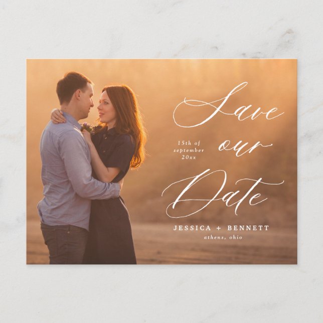 Romantic White Script Photo Save the Date Postcard (Front)