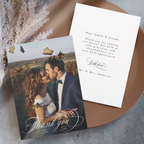 Romantic White Script Photo Wedding  Thank You Card