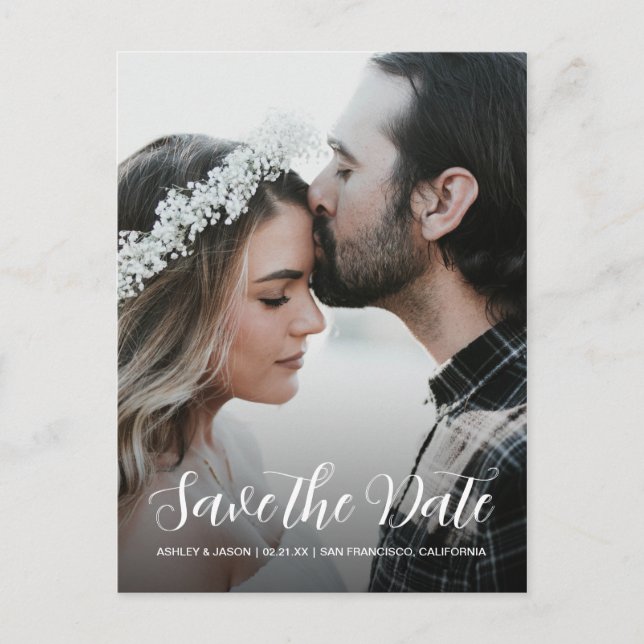 Romantic White Script Save the Date Photo Announcement Postcard (Front)