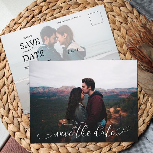 Romantic White Script Wedding Photo Save the Date Announcement Postcard