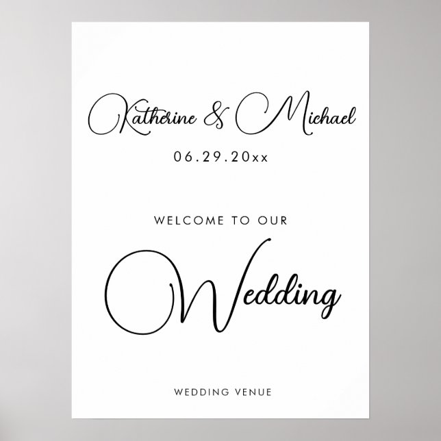 Romantic White Script Wedding Reception Poster (Front)
