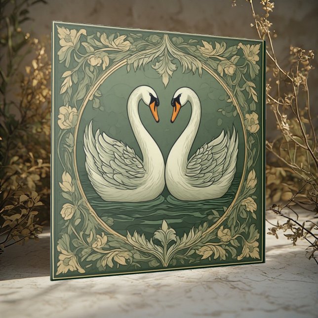 Romantic White Swan Couple Art Deco Pond Green Sea Ceramic Tile (Romantic White Swan Couple Art Deco Pond Green Sea Ceramic Tile)