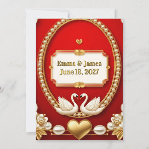 ✨ Romantic White Swan Red Gold Wedding 💖 Invitation