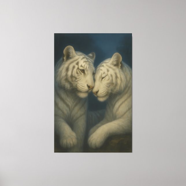 Romantic White Tiger Couple – Moonlit Soft Blue Fi Canvas Print (Front)
