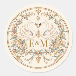 Romantic White Vintage Lace Swan Wedding Classic Round Sticker