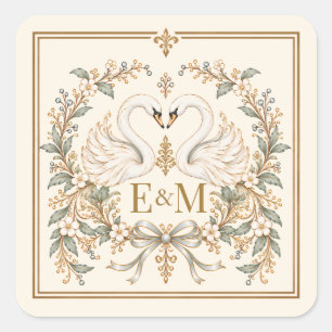 Romantic White Vintage Lace Swan Wedding Square Sticker
