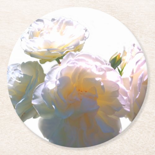 Romantic white yellow orange golden amber roses round paper coaster