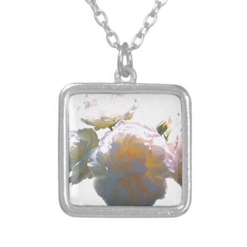 Romantic white yellow orange golden amber roses silver plated necklace