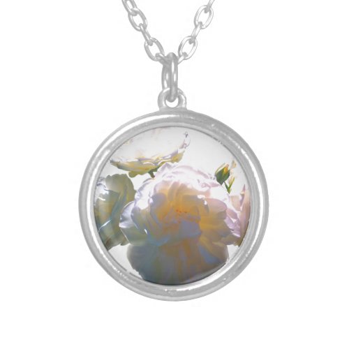 Romantic white yellow orange golden amber roses silver plated necklace