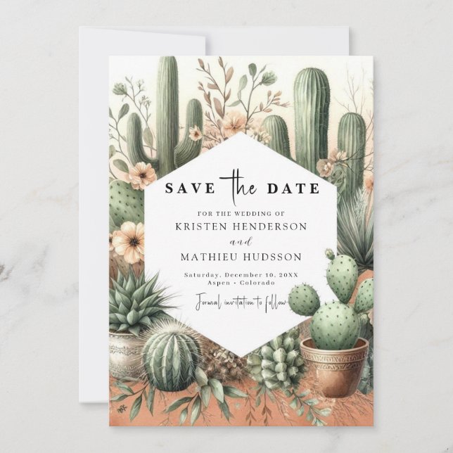 Romantic Wild West Cactus Wedding Save The Date (Front)