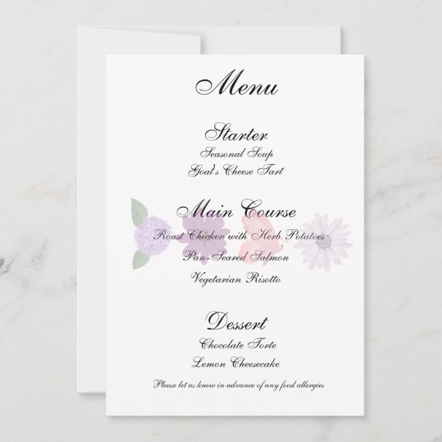 Romantic Wildflower & Butterfly Wedding Menu  Invitation (Front)