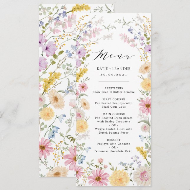 Romantic Wildflower Meadow Wedding Menu Card (Front/Back)