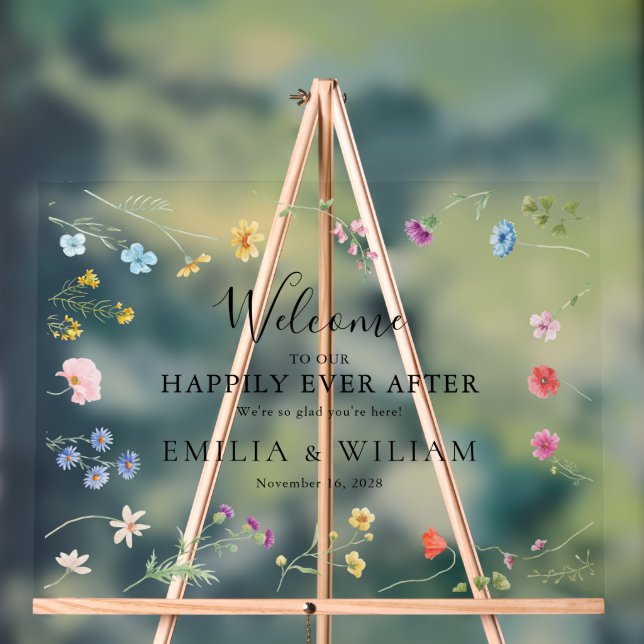 Romantic Wildflower Wedding Welcome Frosted Acrylic Sign (Neutral)