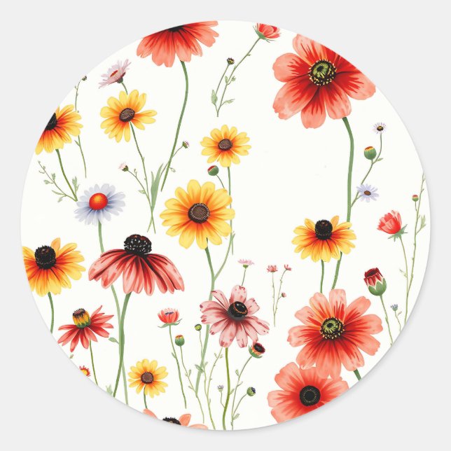 Romantic Wildflower with Poppies and Daisies Classic Round Sticker (Front)