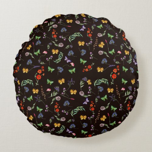 Romantic Wildflowers and Butterflies black  Round Pillow