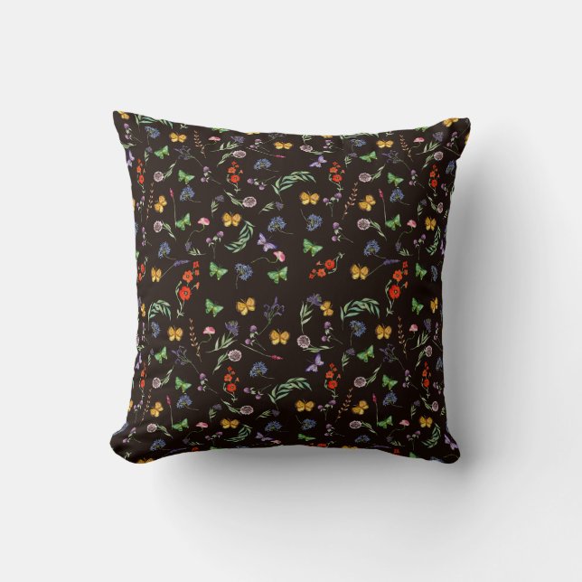 Romantic Wildflowers and Butterflies black Throw Pillow (Front)