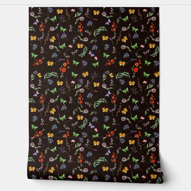 Romantic Wildflowers and Butterflies black  Wallpaper (Unrolling)