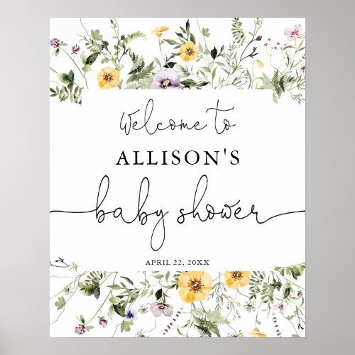 Romantic wildflowers baby shower welcome sign